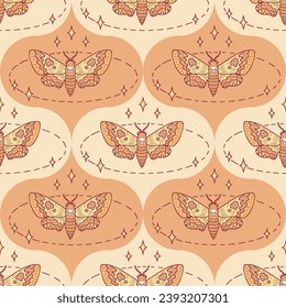 Hawk moth butterfly magic linear seamless pattern with stars. Perfect print for tee, paper, textile and fabric. Doodle vector illustration.



