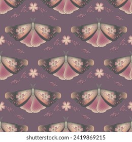 Hawk moth with floral ornamebt on wings vector seamless pattern, folkloric textile print design. Summer ornament with night moth insect. Spring flowers on wings. Wrapping paper pattern.