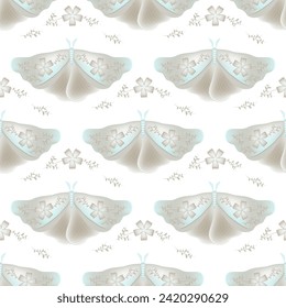 Hawk moth with floral ornamebt on wings vector seamless pattern, danish clothes print design. Spring ornament with fairy butterfly  insect. Magical witchcraft motif. Wildlife insect repeat pattern.