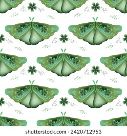Hawk moth with floral ornamebt on wings vector seamless pattern, hygge textile print design. Summer ornament with night moth insect. Spring flowers on wings. Wildlife insect repeat pattern.