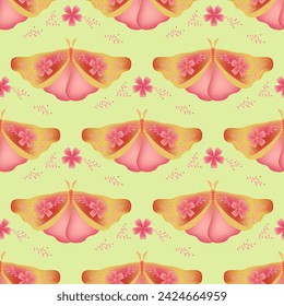 Hawk moth with floral ornamebt on wings vector seamless pattern, danish clothes print design. Summer ornament with butterfly insect. Scandinavian motif. Night insect repeat pattern.