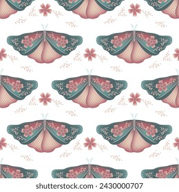 Hawk moth with floral ornamebt on wings vector seamless pattern, hygge textile print design. Spring ornament with fairy night moth insect. Occult animal print. Wildlife insect repeat pattern.