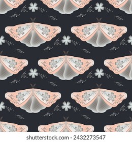 Hawk moth with floral ornamebt on wings vector seamless pattern, rural fabric print design. Spring ornament with fairy night moth insect. Spring flowers on wings. Night insect repeat pattern.