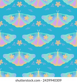 Hawk moth with floral ornamebt on wings vector seamless pattern, rural fabric print design. Summer ornament with night moth insect. Esoteric floral motif. Night insect repeat pattern.