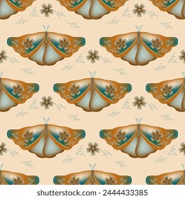 Hawk moth with floral ornamebt on wings vector seamless pattern, rural fabric print design. Summer ornament with butterfly insect. Romantic motif. Wrapping paper pattern.