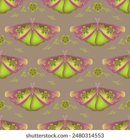 Hawk moth with floral ornamebt on wings vector seamless pattern, swedish textile print design. Spring ornament with fairy butterfly  insect. Romantic motif. Wrapping paper pattern.