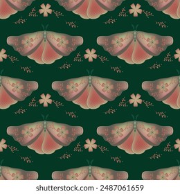 Hawk moth with floral ornamebt on wings vector seamless pattern, hygge textile print design. Spring ornament with fairy butterfly  insect. Occult animal print. Night insect repeat pattern.