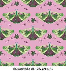 Hawk moth with floral ornamebt on wings vector seamless pattern, nordic clothes print design. Spring ornament with fairy butterfly  insect. Spring flowers on wings. Wrapping paper pattern.