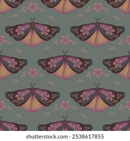 Hawk moth with floral ornamebt on wings vector seamless pattern, nordic clothes print design. Summer ornament with night moth insect. Folklore floral motif. Wrapping paper pattern.