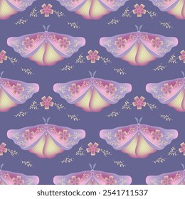 Hawk moth with floral ornamebt on wings vector seamless pattern, hygge textile print design. Spring ornament with fairy night moth insect. Bohemian wallpaper. Wildlife insect repeat pattern.