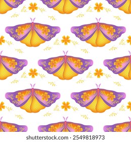 Hawk moth with floral ornamebt on wings vector seamless pattern, hygge textile print design. Summer ornament with butterfly insect. Boho mystical swatch. Wrapping paper pattern.