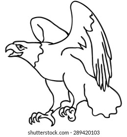 Hawk with outstretched wings during landing, cartoon vector outline