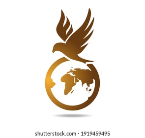 Hawk over the globe. Golden falcon over the planet earth. Logo