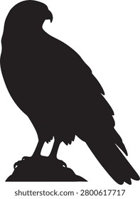 Hawk silhouette sitting on stone, predator bird profile, wild falcon animal vector design.