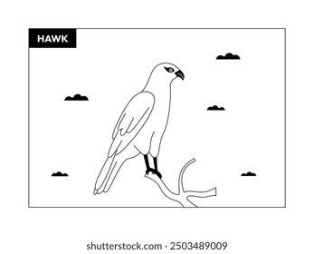 Hawk standing upright on a small branch, black and white, outline, birds vector illustration.
