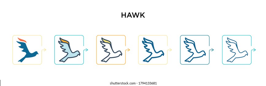 Hawk vector icon in 6 different modern styles. Black, two colored hawk icons designed in filled, outline, line and stroke style. Vector illustration can be used for web, mobile, ui