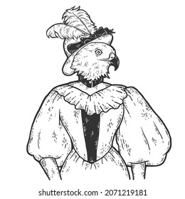 Hawk victorian lady. Woman in hat and suit. Fashion animal character. Hand drawn sketch.