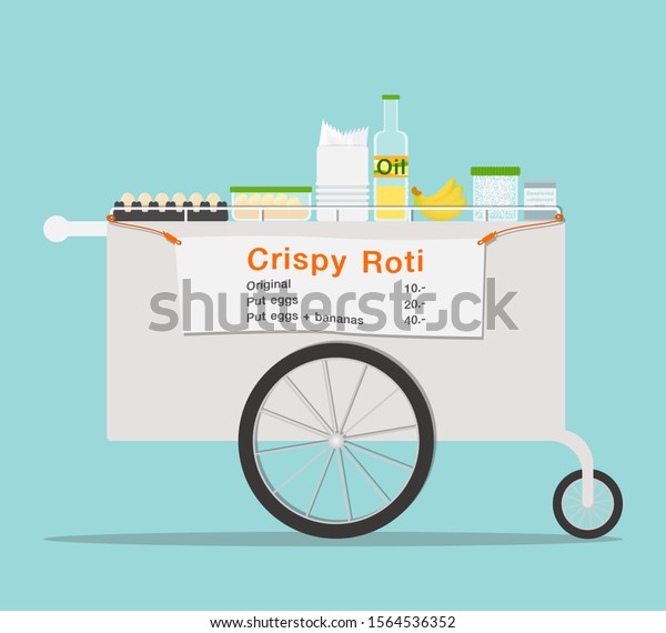 Hawker shop selling crispy roti. Assemble the\
trolley Shop signs that tell you the price of each menu,\
ingredients, and various\
ingredients