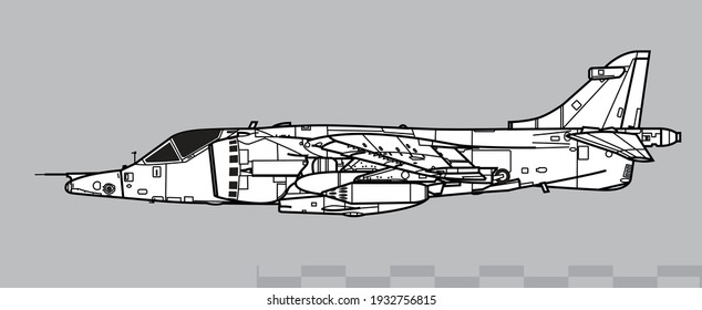 Hawker Siddeley Harrier GR.3. Vector drawing of VSTOL attack aircraft. Side view. Image for illustration and infographics.