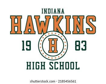 Hawkins, Indiana college style t-shirt design. Basketball tee shirt print. High school team basketball jersey print design. Vector illustration.