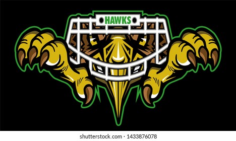 hawks football mascot wearing facemask and claws for school, college or league