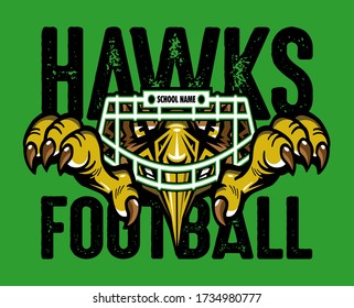 hawks football team design with mascot wearing facemask and claws for school, college or league