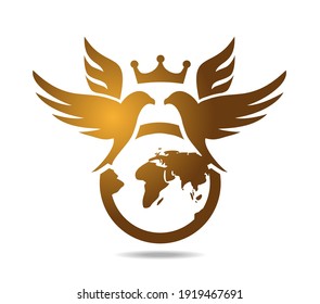 Hawks over the globe. Gold falcons with crone over the planet earth. Logo