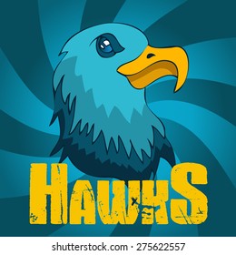 Hawks Poster with a Hawk Head and Blue Swirl Background, Retro Style Vector Illustration.
