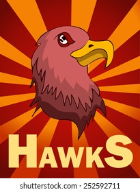 Hawks Poster with a Hawk Head and Sun Ray Background, Retro Style Vector Illustration. 