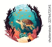 Hawksbill sea turtle in the coral reef. Threatened or endangered species animals. Flat vector illustration concept