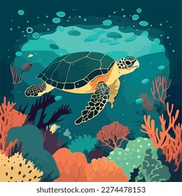 Hawksbill sea turtle in the coral reef. Threatened or endangered species animals. Flat vector illustration concept