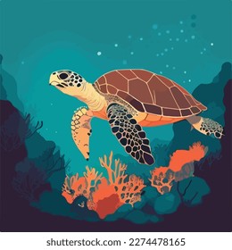 Hawksbill sea turtle in the coral reef. Threatened or endangered species animals. Flat vector illustration concept