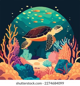 Hawksbill sea turtle in the coral reef. Threatened or endangered species animals. Flat vector illustration concept