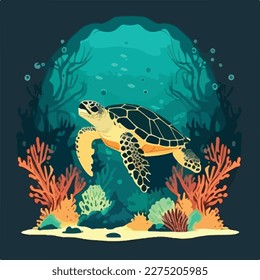 Hawksbill sea turtle in the coral reef. Threatened or endangered species animals. Flat vector illustration concept