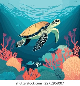 Hawksbill sea turtle in the coral reef. Threatened or endangered species animals. Flat vector illustration concept