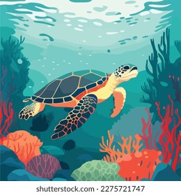 Hawksbill sea turtle in the coral reef. Threatened or endangered species animals. Flat vector illustration concept