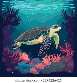 Tortuga marina de Hawksbill en la barrera de coral. Animales de especies amenazados o en peligro de extinción. Concepto de ilustración vectorial plana