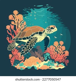 Hawksbill sea turtle in the coral reef. Threatened or endangered species animals. Flat vector illustration concept