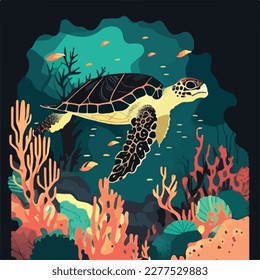 Hawksbill sea turtle in the coral reef. Threatened or endangered species animals. Flat vector illustration concept