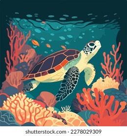 Hawksbill sea turtle in the coral reef. Threatened or endangered species animals. Flat vector illustration concept