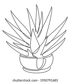Hawrotia cactus. Indoor potted plant in modern trendy single line style. Solid line, outline for decor, posters, stickers, logo. Vector illustration.