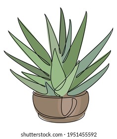 Hawrotia cactus. Indoor potted plant in modern trendy single line style. Solid line, outline for decor, posters, stickers, logo. Vector illustration.