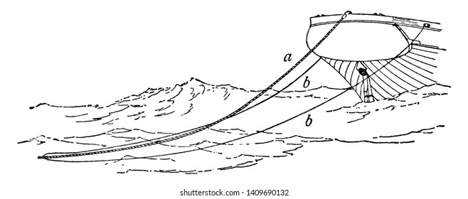 Hawser Rudder es un término náutico para un cable grueso o cuerda utilizado en el amarre o remolque de un buque, dibujo de línea vintage o ilustración de grabado.