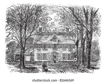 Hawthorne House at Concord, Massachusetts vintage engraving. Old engraved illustration of treelined path leading towards old manse, during 1890s. Trousset encyclopedia (1886 - 1891).