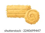 Hay bale, dry grass roll. Golden straw, haystack composition. Gold fodder stacks of round and rectangle shapes. Compressed yellow colza. Flat vector illustration isolated on white background