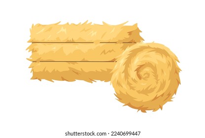 Hay bale, dry grass roll. Golden straw, haystack composition. Gold fodder stacks of round and rectangle shapes. Compressed yellow colza. Flat vector illustration isolated on white background