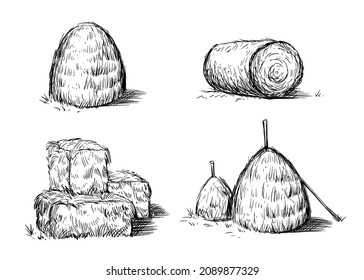 Hay bale farm drawing sketch. Hand drawn haystack set. Isolated vector illustration.