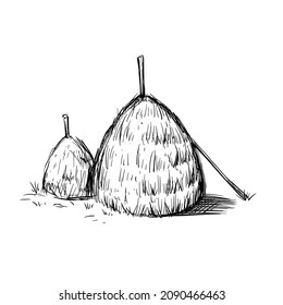 Hay bale farm drawing sketch. Hand drawn haystack. Isolated vector illustration.