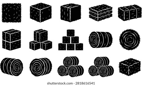 Hay bale icons set. Farm straw rolls and square blocks for agriculture design.