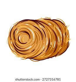 Hay bale with round spiral texture, straw roll for farm and rural scene, agriculture element, countryside symbol, harvest material, traditional village object, cartoon vector illustration.